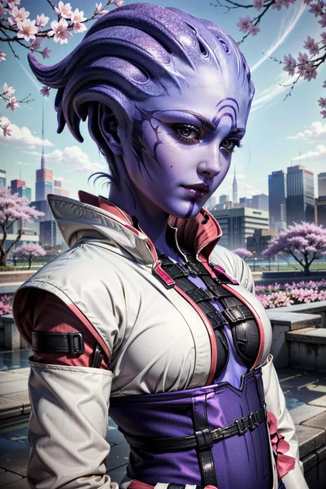 (masterpiece, best quality:1.3)
<lora:epi_noiseoffset2:1> <lora:add_detail:0.7>  <lora:MEAria:0.8>
MEAria, 1girl, solo, alien, purple skin, yukata, japan, cherry blossoms, hair ornament