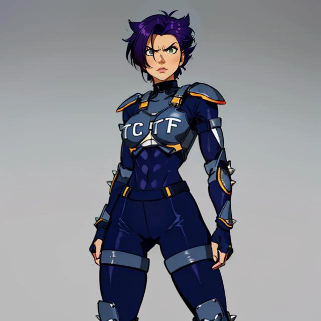 Kanoko, spiky hair1:1, short purple hair,dark-skinned female,green eyes,makeup,solo1:2 ,standing, abs, serious expression, 
KanArmor, navy blue tight bodysuit ,grey shoulder pads, grey knee pads,grey breastplate,fingerless gloves,cybercop,
(insanely detailed, beautiful detailed face, masterpiece, best quality)   <lora:Kanoko-10:0.7>