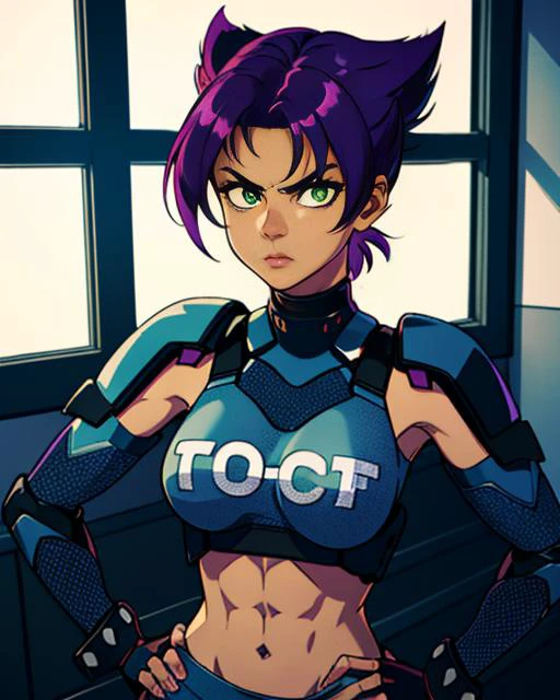 Kanoko, spiked hairstyle, purple hair, (dark-skinned,) green eyes,makeup, (solo1:2) , serious expression, covered abs, standing, close up, upper body, hands on hip
KanArmor, navy blue tight bodysuit ,grey shoulder pads, grey knee pads,,fingerless gloves,cybercop,
cyber police station, window, midnight,
(insanely detailed, beautiful detailed face, masterpiece, best quality) <lora:Kanoko-10V2:0.7>
