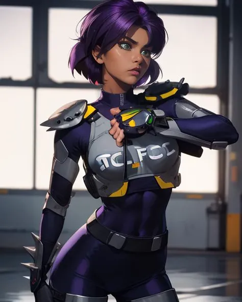 Kanoko, spiked hairstyle, short purple hair with bangs, dark-skinned, green eyes,makeup, (solo1:2) , serious expression, abs, standing, close up, upper body,
KanArmor, navy blue tight bodysuit ,grey shoulder pads, grey knee pads,,fingerless gloves,cybercop,
police station, window,
(insanely detailed, beautiful detailed face, masterpiece, best quality) <lora:Kanoko-10V2:0.7>