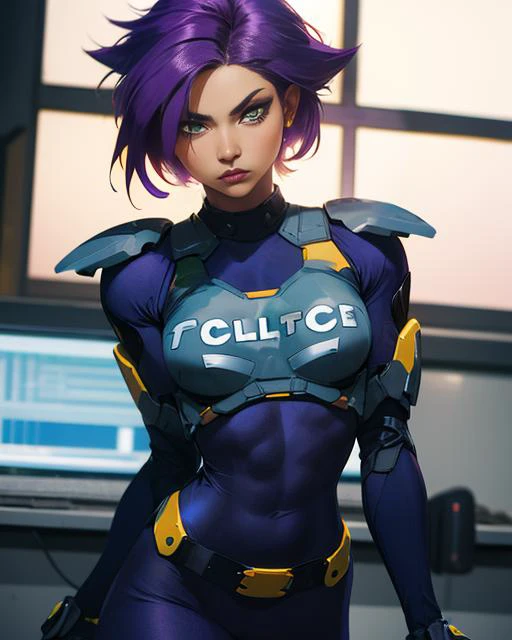 Kanoko, spiked hairstyle, short purple hair with bangs, dark-skinned, green eyes,makeup, (solo1:2) , serious expression, abs, standing, close up, upper body,
KanArmor, navy blue tight bodysuit ,grey shoulder pads, grey knee pads,,fingerless gloves,cybercop,
police station, window,
(insanely detailed, beautiful detailed face, masterpiece, best quality) <lora:Kanoko-10V2:0.7>