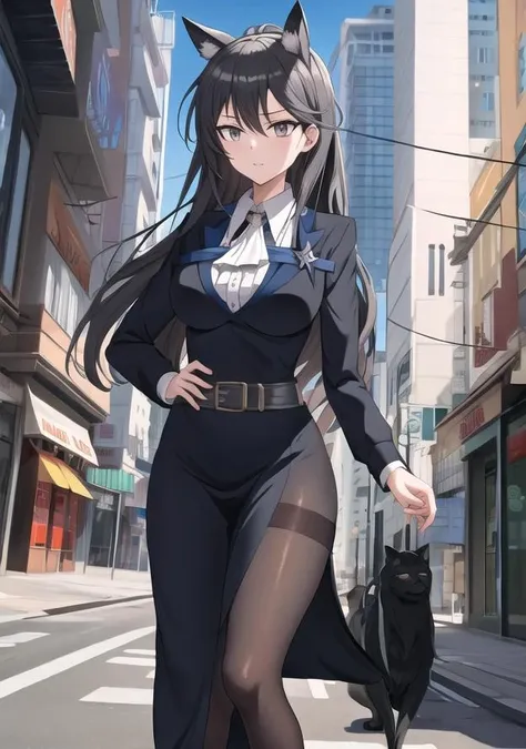anime, masterpiece, best quality, highres,  1girl, detailed city background, gertrude, blue collar, white belt, pantyhose, collared black long dress, standing, dark grey hair,   long dress, <lora:gertrude_mix2:1>