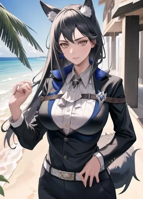 masterpiece, best quality, highres,  1girl,beach  background, gertrude, wolf girl, <lyco:gertrude_remake:1.0>, belt, white shirt