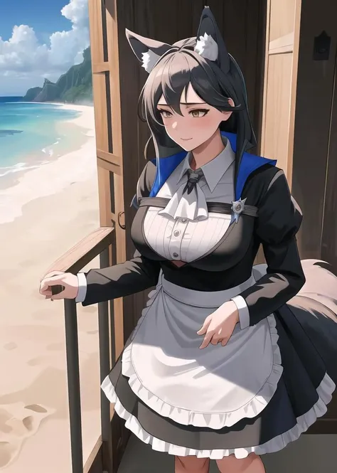 masterpiece, best quality, highres,  1girl,beach background, gertrude, wolf girl, <lyco:gertrude_remake:0.85>, maiden, maid, maid dress, standing,  mature woman, wolf tail