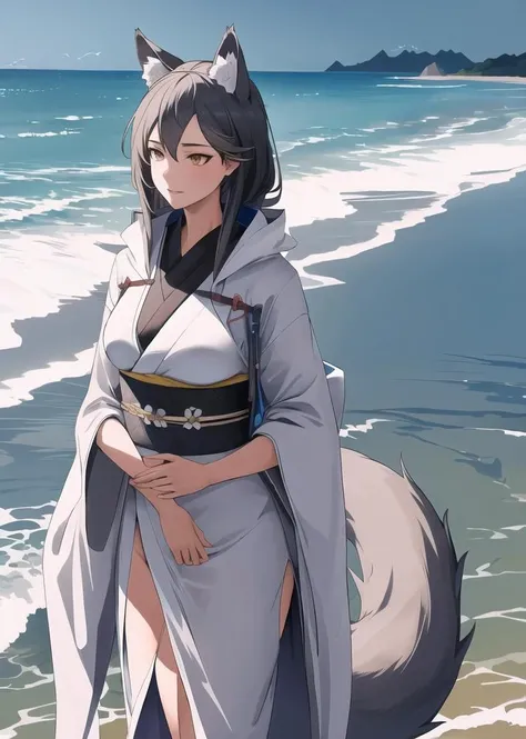 masterpiece, best quality, highres, 1girl,beach background, gertrude, wolf girl, <lyco:gertrude_remake:0.85>, kimono, white kimono, long kimono, standing, mature woman, wolf tail