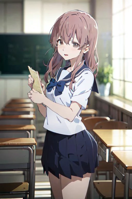 <lora:aSilentVoiceKoeNoKatachi_offset:1> KOE NO KATACHI, Kyoto Animation, ANIME, 1 girl, cute, best quality, ultra high res, detailed face, classroom, detailed background, detailed lighting, (chromatic aberration:0.6), depth of field, sailor uniform, seifuku, skirt, bow