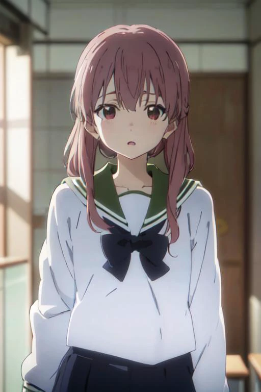 <lora:aSilentVoiceKoeNoKatachi_offset:1> KOE NO KATACHI, Kyoto Animation, ANIME, 1 girl, cute, best quality, ultra high res, detailed face, classroom, detailed background, detailed lighting, depth of field, sailor uniform, seifuku, skirt, bow