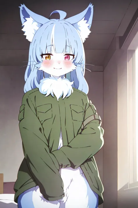 anime, <lora:BArtstyleV7-EXP:0.6>, BAPV, <lora:koe_no_katachi_offset:0.9>, koe no katachi, masterpiece, best quality, 1boy, omaneko, ahoge, animal ear fluff, animal ears, animal nose, whiskers, white hair, heterochromia, body fur, blush, smile, cat boy, furry male, open clothes, camouflage jacket, looking at viewer, solo, indoors, bedroom background<lora:Omaneko:0.8>,