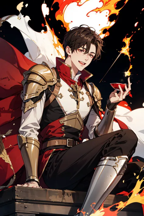 masterpiece, high quality, 1boy,solo,fire,flame,dark background,floating,from below,sitting,male focus,lordgrim\(quanzhigaoshou\), lordgrim\(tcu\), <lora:QZGS_LordGrim:1>,smile,open mouth,