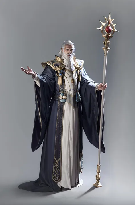 Game characters, original design, European style, 1boy, male focus, beard, facial hair, solo, old, staff, old man, white hair, standing, holding, full body, wizard, robe, bird, holding staff, wide sleeves, grey background, simple background<lora:CG Game xieshi:1>