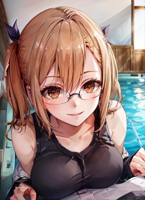 top-quality、Top image quality、​masterpiece、girl with((18year old、pink bikinis:1.6、Bust 90、a blond、disheveled ponytail、Blue eyes、open chest wide、Happiness、Black wristband on wrist、eye glass、Ear-piercing))、((perspired:1.1))A slender、hiquality、(Piece It Piece)、visualart、Background with((swimming pools))、masutepiece