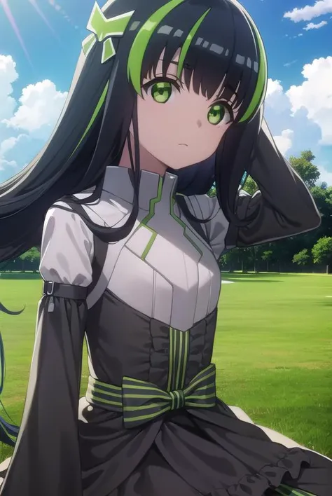 bofurimay, <lora:bofuri may s2-lora-nochekaiser:1>,
may, long hair, bangs, black hair, hair ornament, bow, (green eyes:1.5), multicolored hair, green hair, two-tone hair, streaked hair,
BREAK long sleeves, dress, frills, striped, puffy sleeves, black dress, sleeves past wrists, juliet sleeves,
BREAK outdoors, forest, nature, sky, sun, clouds,
BREAK looking at viewer,
BREAK <lyco:GoodHands-beta2:1>, (masterpiece:1.2), best quality, high resolution, unity 8k wallpaper, (illustration:0.8), (beautiful detailed eyes:1.6), extremely detailed face, perfect lighting, extremely detailed CG, (perfect hands, perfect anatomy),