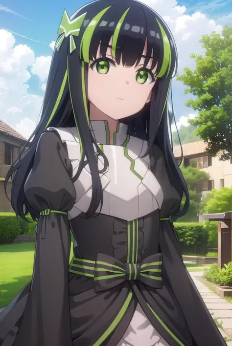 bofurimay, <lora:bofuri may s2-lora-nochekaiser:1>,
may, long hair, bangs, black hair, hair ornament, bow, (green eyes:1.5), multicolored hair, green hair, two-tone hair, streaked hair,
BREAK long sleeves, dress, frills, striped, puffy sleeves, black dress, sleeves past wrists, juliet sleeves,
BREAK outdoors, forest, nature, sky, sun, clouds,
BREAK looking at viewer,
BREAK <lyco:GoodHands-beta2:1>, (masterpiece:1.2), best quality, high resolution, unity 8k wallpaper, (illustration:0.8), (beautiful detailed eyes:1.6), extremely detailed face, perfect lighting, extremely detailed CG, (perfect hands, perfect anatomy),