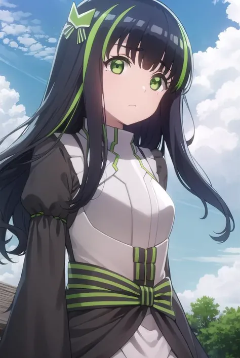 bofurimay, <lora:bofuri may s2-lora-nochekaiser:1>,
may, long hair, bangs, black hair, hair ornament, bow, (green eyes:1.5), multicolored hair, green hair, two-tone hair, streaked hair,
BREAK long sleeves, dress, frills, striped, puffy sleeves, black dress, sleeves past wrists, juliet sleeves,
BREAK outdoors, forest, nature, sky, sun, clouds,
BREAK looking at viewer,
BREAK <lyco:GoodHands-beta2:1>, (masterpiece:1.2), best quality, high resolution, unity 8k wallpaper, (illustration:0.8), (beautiful detailed eyes:1.6), extremely detailed face, perfect lighting, extremely detailed CG, (perfect hands, perfect anatomy),
