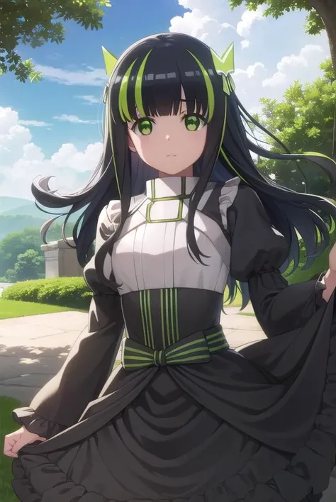 bofurimay, <lora:bofuri may s2-lora-nochekaiser:1>,
may, long hair, bangs, black hair, hair ornament, bow, (green eyes:1.5), multicolored hair, green hair, two-tone hair, streaked hair,
BREAK long sleeves, dress, frills, striped, puffy sleeves, black dress, sleeves past wrists, juliet sleeves,
BREAK outdoors, forest, nature, sky, sun, clouds,
BREAK looking at viewer,
BREAK <lyco:GoodHands-beta2:1>, (masterpiece:1.2), best quality, high resolution, unity 8k wallpaper, (illustration:0.8), (beautiful detailed eyes:1.6), extremely detailed face, perfect lighting, extremely detailed CG, (perfect hands, perfect anatomy),