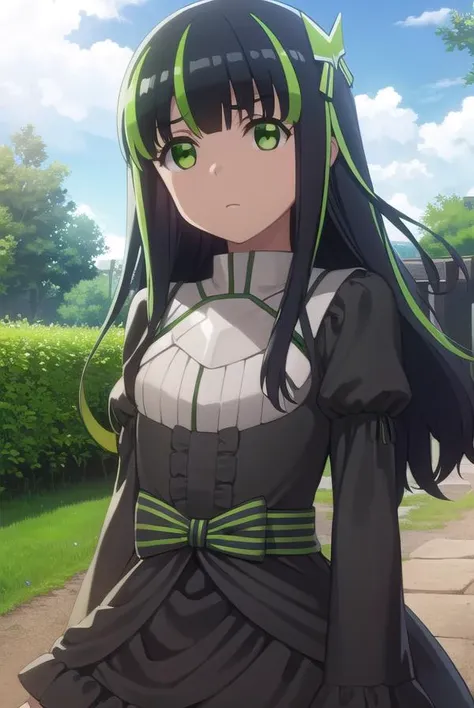bofurimay, <lora:bofuri may s2-lora-nochekaiser:1>,
may, long hair, bangs, black hair, hair ornament, bow, (green eyes:1.5), multicolored hair, green hair, two-tone hair, streaked hair,
BREAK long sleeves, dress, frills, striped, puffy sleeves, black dress, sleeves past wrists, juliet sleeves,
BREAK outdoors, forest, nature, sky, sun, clouds,
BREAK looking at viewer,
BREAK <lyco:GoodHands-beta2:1>, (masterpiece:1.2), best quality, high resolution, unity 8k wallpaper, (illustration:0.8), (beautiful detailed eyes:1.6), extremely detailed face, perfect lighting, extremely detailed CG, (perfect hands, perfect anatomy),