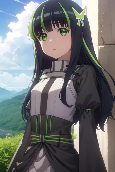 bofurimay, <lora:bofuri may s2-lora-nochekaiser:1>,
may, long hair, bangs, black hair, hair ornament, bow, (green eyes:1.5), multicolored hair, green hair, two-tone hair, streaked hair,
BREAK long sleeves, dress, frills, striped, puffy sleeves, black dress, sleeves past wrists, juliet sleeves,
BREAK outdoors, forest, nature, sky, sun, clouds,
BREAK looking at viewer,
BREAK <lyco:GoodHands-beta2:1>, (masterpiece:1.2), best quality, high resolution, unity 8k wallpaper, (illustration:0.8), (beautiful detailed eyes:1.6), extremely detailed face, perfect lighting, extremely detailed CG, (perfect hands, perfect anatomy),