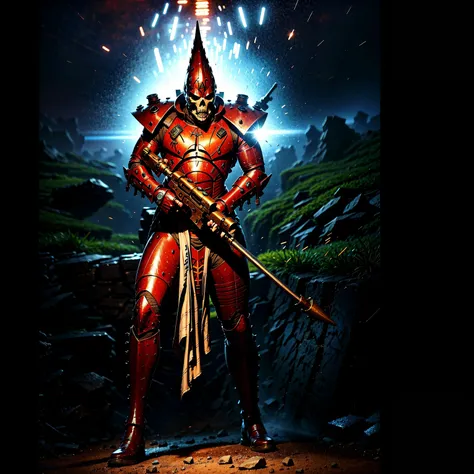 Generate a stunning art style, a true [masterpiece] [best quality] of art. The image showcases [detailed linework], [dynamic shading], and [dramatic lighting], bringing to life a [dreading atmosphere, grim dark coloures, action shot, cinematic composition] . In the background a [gothic landscape, warhammer 40k] is to be seen in [grand:1.8, high-scale:1.8, panorama:1.8] from [from below]. A aeldari, solo:1.3 is [full body view, dynamic pose] in front of the edge of a tower. It is holding a [polearm in its righthand]. It is wearing a [full armor, skull pauldron, full metal armor, wearing intricate ornamented metal armor, full helmet, skull mask, full metal armor, silver armor, white pelvic curtain, bronze trimmings]. <lora:eldarG:0.8>