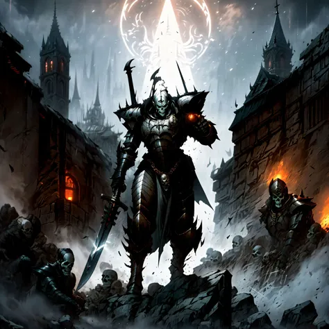 Generate a stunning art style, a true [masterpiece] [best quality] of art. The image showcases [detailed linework], [dynamic shading], and [dramatic lighting], bringing to life a [dreading atmosphere, grim dark coloures, action shot, cinematic composition] . In the background a [gothic landscape, warhammer 40k] is to be seen in [grand:1.8, high-scale:1.8, panorama:1.8] from [from below]. A aeldari, solo:1.3 is [full body view, dynamic pose] in front of the edge of a tower. It is holding a [power_sword in its righthand]. It is wearing a [full armor, skull pauldron, full metal armor, wearing intricate ornamented metal armor, full face helmet, skull mask, full metal armor, silver armor, white pelvic curtain, bronze trimmings]. <lora:eldarG:0.8>