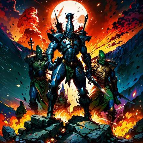 Generate a stunning art style, a true [masterpiece] [best quality] of art. The image showcases [detailed linework], [dynamic shading], and [dramatic lighting], bringing to life a [dreading atmosphere, grim dark coloures, action shot, cinematic composition] . In the background a [gothic landscape, warhammer 40k] is to be seen in [grand:1.8, high-scale:1.8, panorama:1.8] from [from below]. A aeldari, solo:1.3 is [full body view, dynamic pose] in front of the edge of a tower. It is holding a [power_sword in its righthand]. It is wearing a [full armor, skull pauldron, full metal armor, wearing intricate ornamented metal armor, full helmet, skull mask, full metal armor, silver armor, white pelvic curtain, bronze trimmings]. <lora:eldarG:0.8>