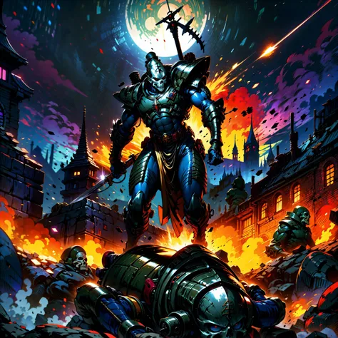 Generate a stunning art style, a true [masterpiece] [best quality] of art. The image showcases [detailed linework], [dynamic shading], and [dramatic lighting], bringing to life a [dreading atmosphere, grim dark coloures, action shot, cinematic composition] . In the background a [gothic landscape, warhammer 40k] is to be seen in [grand:1.8, high-scale:1.8, panorama:1.8] from [from below]. A aeldari, solo:1.3 is [full body view, dynamic pose] in front of the edge of a tower. It is holding a [power_sword in its righthand]. It is wearing a [full armor, skull pauldron, full metal armor, wearing intricate ornamented metal armor, full face helmet, skull mask, full metal armor, silver armor, white pelvic curtain, bronze trimmings]. <lora:eldarG:0.8>