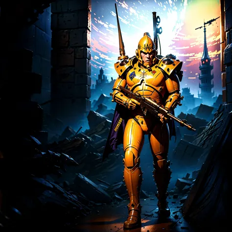 Generate a stunning art style, a true [masterpiece] [best quality] of art. The image showcases [detailed linework], [dynamic shading], and [dramatic lighting], bringing to life a [dreading atmosphere, grim dark coloures, action shot, cinematic composition] . In the background a [gothic landscape, warhammer 40k] is to be seen in [grand:1.8, high-scale:1.8, panorama:1.8] from [from below]. A aeldari, solo:1.3 is [full body view, dynamic pose] in front of the edge of a tower. It is holding a [polearm in its righthand]. It is wearing a [full armor, skull pauldron, full metal armor, wearing intricate ornamented metal armor, full helmet, skull mask, full metal armor, silver armor, white pelvic curtain, bronze trimmings]. <lora:eldarG:0.8>