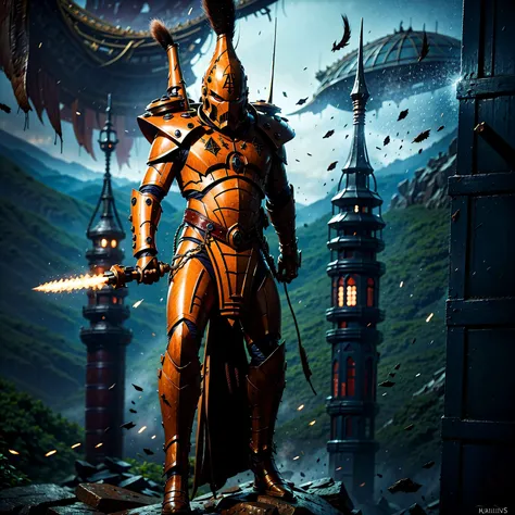 Generate a stunning art style, a true [masterpiece] [best quality] of art. The image showcases [detailed linework], [dynamic shading], and [dramatic lighting], bringing to life a [dreading atmosphere, grim dark coloures, action shot, cinematic composition] . In the background a [gothic landscape, warhammer 40k] is to be seen in [grand:1.8, high-scale:1.8, panorama:1.8] from [from below]. A aeldari, solo:1.3 is [full body view, dynamic pose] in front of the edge of a tower. It is holding a [polearm in its righthand]. It is wearing a [full armor, skull pauldron, full metal armor, wearing intricate ornamented metal armor, full helmet, skull mask, full metal armor, silver armor, white pelvic curtain, bronze trimmings]. <lora:eldarG:0.8>