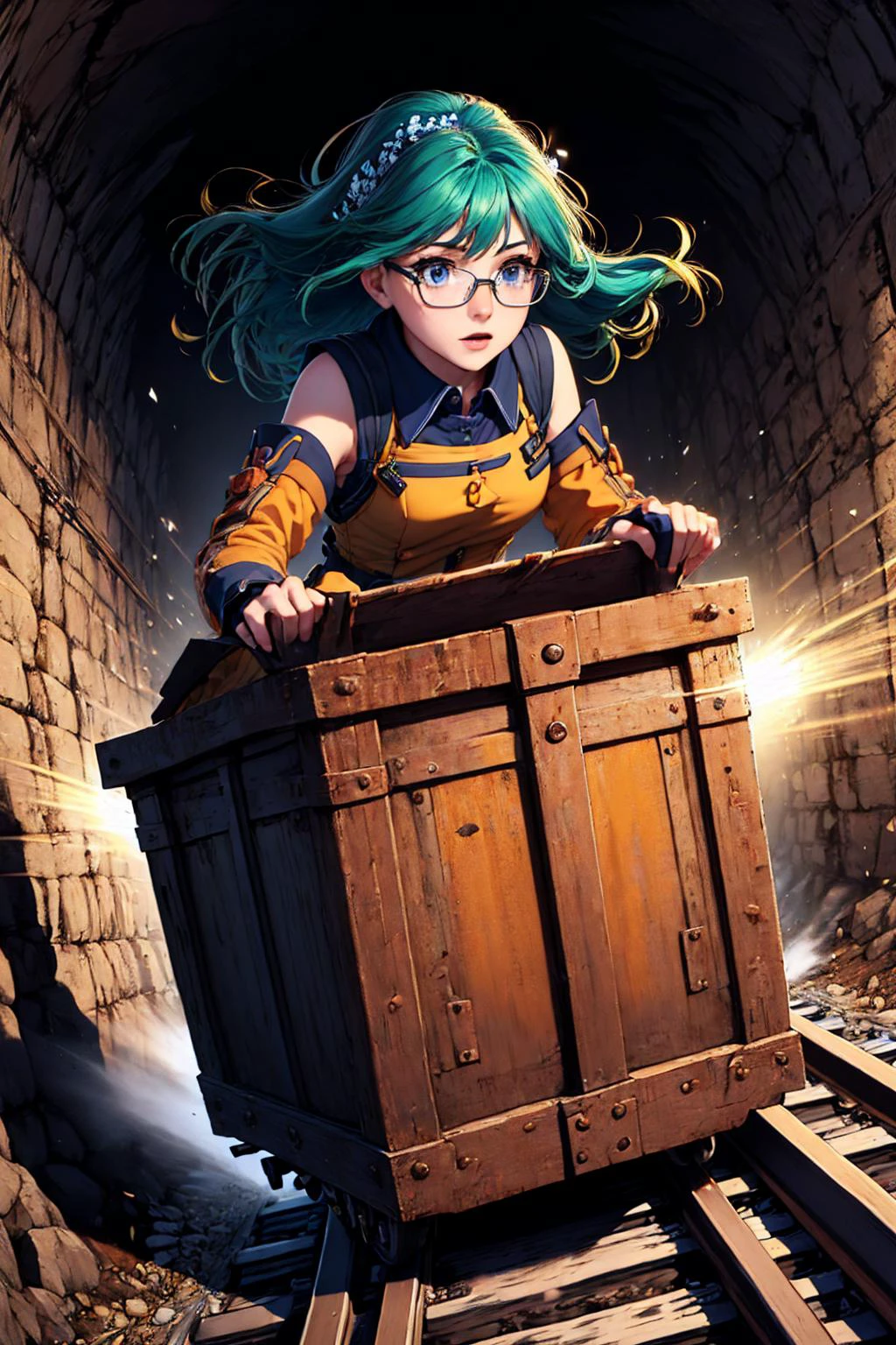 (masterpiece, best quality:1.2), solo, 1girl, srwangelica, hair intakes, hair ornament, blue eyes, glasses, yellow uniform, detached sleeves, yellow skirt, pantyhose, fingerless gloves <lora:srwangelica-nvwls-v1:1> <lora:unstopableTrolley:0.6> driving in box-shaped minecar,driving through a narrow dark underground tunnel in a dungeon,rusty,iron,box-shaped minecar,in box,railroad tracks,speed lines,dark background,floating hair,wind