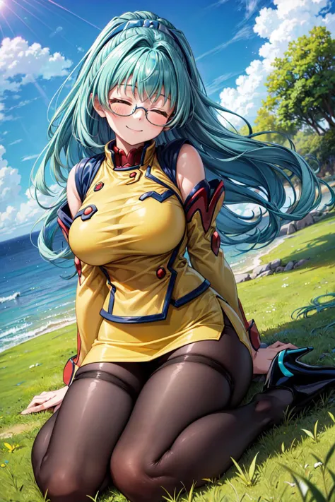 masterpiece,best quality,1girl,srwAngelica,hair intakes,hair ornament,aqua hair,closed eyes,glasses,yellow uniform,detached sleeves,yellow skirt,pantyhose,black high heels,large breasts,wide hips,thick thighs,smile,head tilt,(sitting,wariza),grass,blue sky,outdoors,wind,<lora:Concept-control tool-add_detail-CyberAIchemist>,<lora:CHAR-Super Robot Wars K-Angelica Chartille-v1-novowels:0.9>,