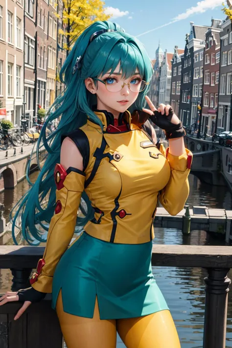 masterpiece, best quality, glamour <lora:srwangelica-nvwls-v1:.8> srwangelica, hair intakes, hair ornament, blue eyes, glasses, yellow uniform, detached sleeves, yellow skirt, pantyhose, fingerless gloves, Amsterdam, Netherlands