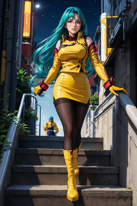 masterpiece, best quality, <lora:srwangelica-nvwls-v1:1> srwangelica, hair intakes, hair ornament, blue eyes, glasses, yellow uniform, detached sleeves, yellow skirt, pantyhose, fingerless gloves, huge breasts, walking, stairs, night sky, running, cityscape, cyberpunk, yellow boots