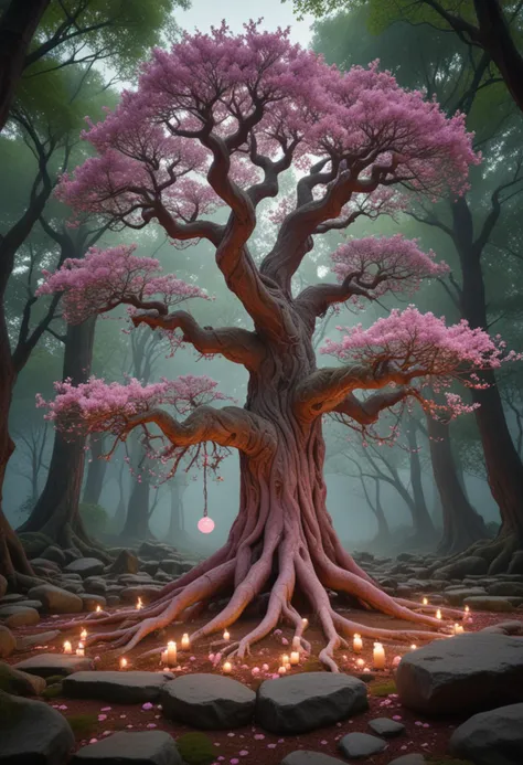 (medium full shot) of (ancient tree) with twisted pink bark, delicate blossoms, sturdy branches, aerial roots, blossoms, glowing orbs, located in  a hidden sacred glade, surrounded by dense forest, with a natural altar formed by stones and a sense of quiet and sanctity, at dawn, Masterpiece,best quality, photo, realistic, very aesthetic,