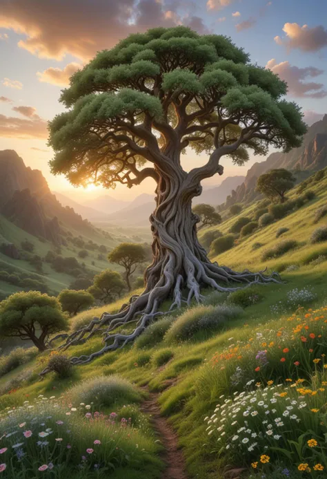 (medium full shot) of (radiant tree) with gnarled silver bark, large fronds, gnarled branches, buttress roots, large fruit, flowering plants, located in  verdant hills, covered in lush grass, wildflowers, gentle slopes that lead to distant vistas, at dawn, Masterpiece,best quality, photo, realistic, very aesthetic,