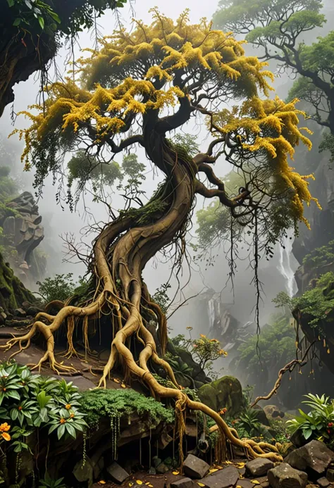 (medium full shot) of (exotic tree) with twisted golden bark, needle-like leaves, weeping branches, exposed roots, fragrant flowers, mystical vines, located in  a mystical misty mountain, with ancient trees clinging to the slopes, hidden paths, a sense of being in another world, ,Masterpiece,best quality, photo, realistic, very aesthetic,