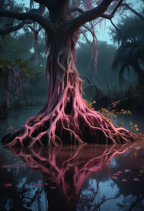 (medium full shot) of (serene tree) with bark-like pink bark, multicolored foliage, bifurcated branches, exposed roots, glowing fruit, ethereal wisps, located in  a serene mysterious swamp, with clear pools, abundant wildlife, a sense of peace and beauty, at night, ,Masterpiece,best quality, raw photo, realistic, very aesthetic