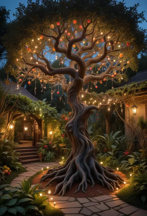 (medium full shot) of (enchanting tree) with multicolored black bark, needle-like leaves, bifurcated branches, fibrous roots, large fruit, fairy lights, located in  a lush magical garden, with winding paths, hidden nooks, a variety of plants that seem to glow with an inner light, at dawn, Masterpiece,best quality, photo, realistic, very aesthetic,