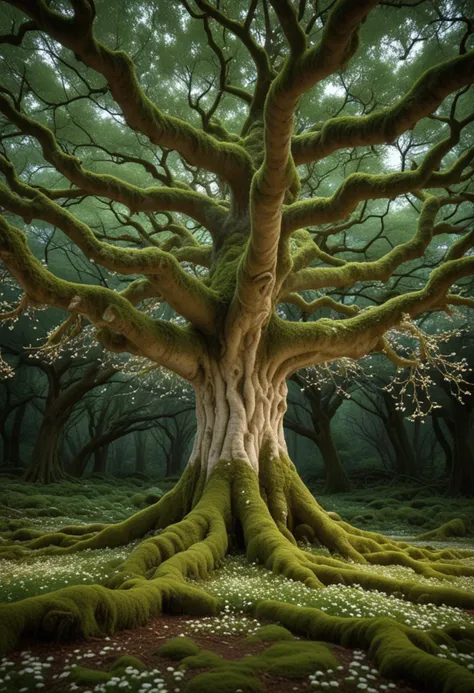 (medium full shot) of (lush tree) with gnarled white bark, small round leaves, sturdy branches, deep roots, small berries, flowering plants, located in  a serene mystical grove, with a carpet of soft moss, gentle streams, a canopy of leaves that glows with an inner light, at night, Masterpiece,best quality, photo, realistic, very aesthetic,