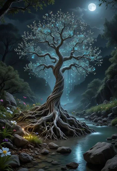 (medium full shot) of (mystical tree) with straight silver bark, bioluminescent leaves, bifurcated branches, twisted roots, fragrant flowers, bioluminescent fungi, located in  a serene hidden valley, with a clear river running through it, abundant wildlife, a feeling of being untouched by time, under the moonlight, Masterpiece,best quality, photo, realistic, very aesthetic,