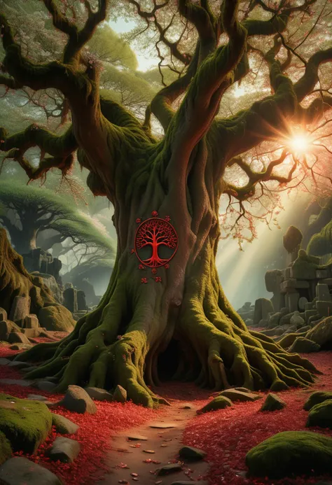 (medium full shot) of (majestic tree) with slender red bark, delicate blossoms, arching branches, tap roots, nuts, adorned with mystic symbols, located in  a mystical grove, with ethereal light filtering through the leaves, ancient stones covered in moss, an air of tranquility and magic, during sunset, ,Masterpiece,best quality, raw photo, realistic, very aesthetic