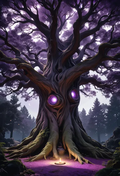 (medium full shot) of (grand tree) with hollow purple bark, evergreen needles, intertwined branches, aerial roots, nuts, glowing orbs, located in  a tranquil sacred glade, with sunlight filtering through the leaves, a gentle breeze, the feeling of being in a holy place, under the moonlight, ,Masterpiece,best quality, raw photo, realistic, very aesthetic, dark