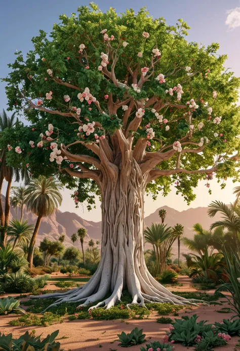 (medium full shot) of (legendary tree) with hollow white bark, lush canopy, delicate branches, fibrous roots, small berries, flowering plants, located in  a lush oasis, with a clear spring, palm trees, an abundance of life in the midst of a desert, during sunset, ,Masterpiece,best quality, photo, realistic, very aesthetic