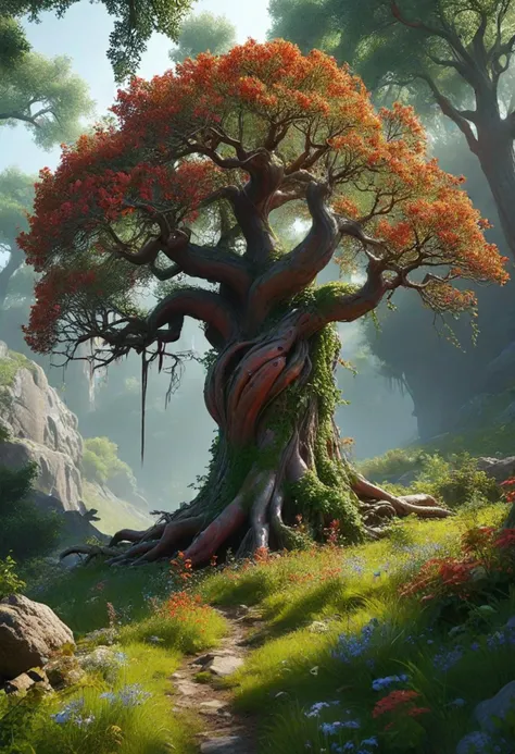 (medium full shot) of (ancient tree) with straight red bark, multicolored foliage, gnarled branches, aerial roots, seed pods, bioluminescent fungi, located in  verdant hills, covered in lush grass, wildflowers, gentle slopes that lead to distant vistas, ,Masterpiece,best quality, photo, realistic, very aesthetic