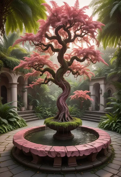 (medium full shot) of (exotic tree) with twisted pink bark, fern-like leaves, intertwined branches, tap roots, fragrant flowers, mystical vines, located in  a peaceful magical garden, with a fountain at its center, benches for resting, a sense of serenity and beauty, at dawn, Masterpiece,best quality, photo, realistic, very aesthetic,