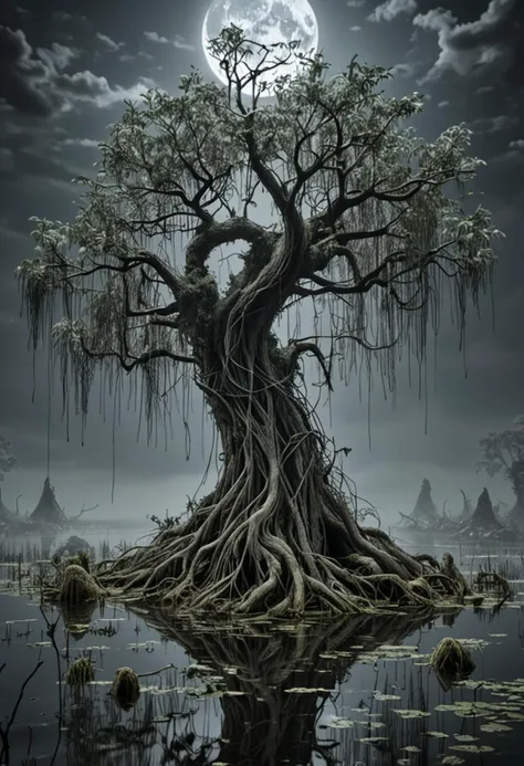 (medium full shot) of (tranquil tree) with slender grey bark, needle-like leaves, weeping branches, aerial roots, large fruit, mystical vines, located in  a mysterious swamp, with twisted trees, murky waters, an air of mystery and danger, under the moonlight, ,Masterpiece,best quality, photo, realistic, very aesthetic