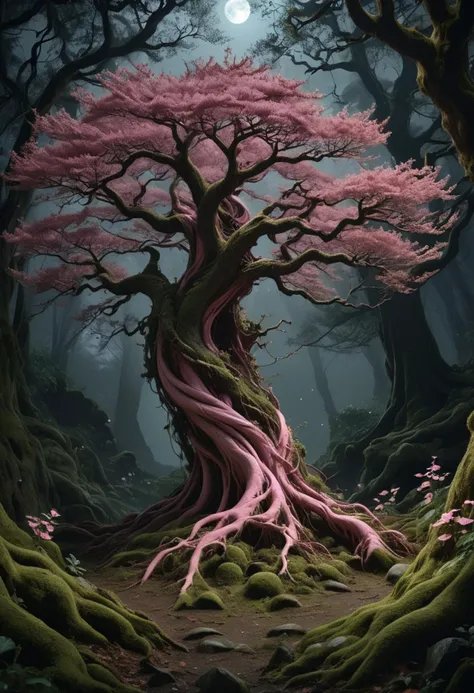 (medium full shot) of (tranquil tree) with twisted pink bark, needle-like leaves, spreading branches, twisted roots, fragrant flowers, hanging moss, located in  a hidden mystical grove, surrounded by dense forest, with ancient trees that seem to whisper secrets and a peaceful, magical atmosphere, under the moonlight, ,Masterpiece,best quality, raw photo, realistic, very aesthetic, dark