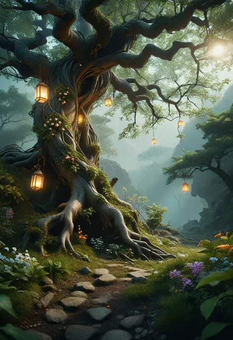 (medium full shot) of (mystical tree) with twisted golden bark, lush canopy, arching branches, twisted roots, blossoms, hanging lanterns, located in  a mystical hidden valley, with ancient trees, a soft mist, an air of magic and wonder, under the moonlight, ,Masterpiece,best quality, photo, realistic, very aesthetic