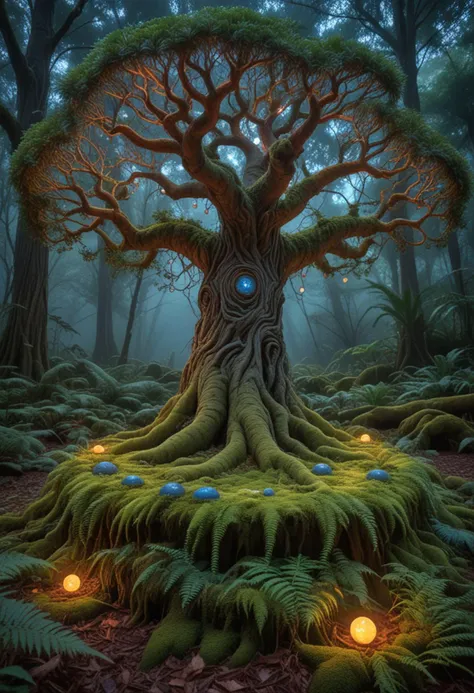 (medium full shot) of (mystical tree) with multicolored blue bark, fern-like leaves, gnarled branches, sprawling roots, glowing fruit, glowing orbs, located in  a sacred glade, with ancient trees forming a natural circle, a soft bed of moss, an air of reverence and peace, at dawn, Masterpiece,best quality, photo, realistic, very aesthetic,