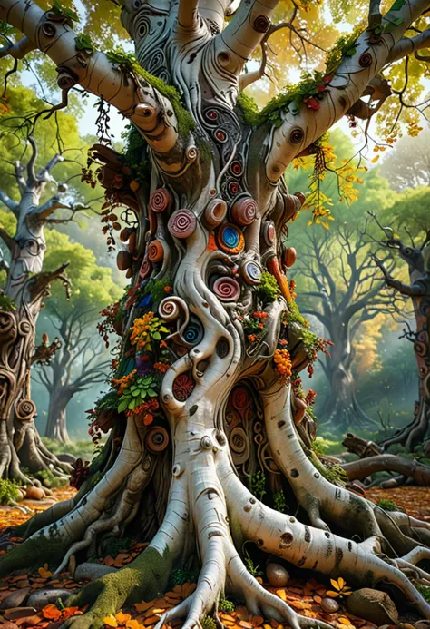 (medium full shot) of (vibrant tree) with smooth white bark, multicolored foliage, gnarled branches, fibrous roots, nuts, adorned with ancient carvings, located in  a hidden mystical grove, surrounded by dense forest, with ancient trees that seem to whisper secrets and a peaceful, magical atmosphere, ,Masterpiece,best quality, photo, realistic, very aesthetic,