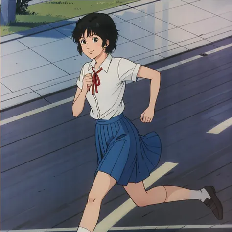 masterpiece,high quality,solo,outdoors,
<lora:AiKisugi002:0.7>,looking at viewer,smile,
AiKisugi,1girl,
short hair,black hair,black eyes,
school uniform,ribbon,short sleeves,
blue long skirt,
socks,shoes,running,