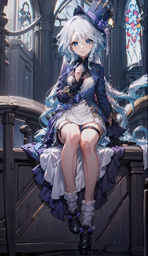 (((highest picture quality))),(((master's work))),((detailed eye description)),(((8k wallpaper))),(detailed face description),colorful,(multicolored gradient hair, dissolving clothes,full body,blue eyes,small breast,white hair,blue highlights),(1girl:1.4),(5fingers,detailed hand:1.2),Loose hair,(A dreamy scene),((complex background)),(kindness,beaytiful,Proud and coquettish),(Western European style church),((violet)),((raining)),Innovative,Naturalistic,Impressionistic, <lora:kahuka-pynoise:1>, (((outdoors))),windows,(Wearing a white wedding dress:1.4),day,focalors,hat,water drop,galaxy, <lora:Focalors20e:0.7>,